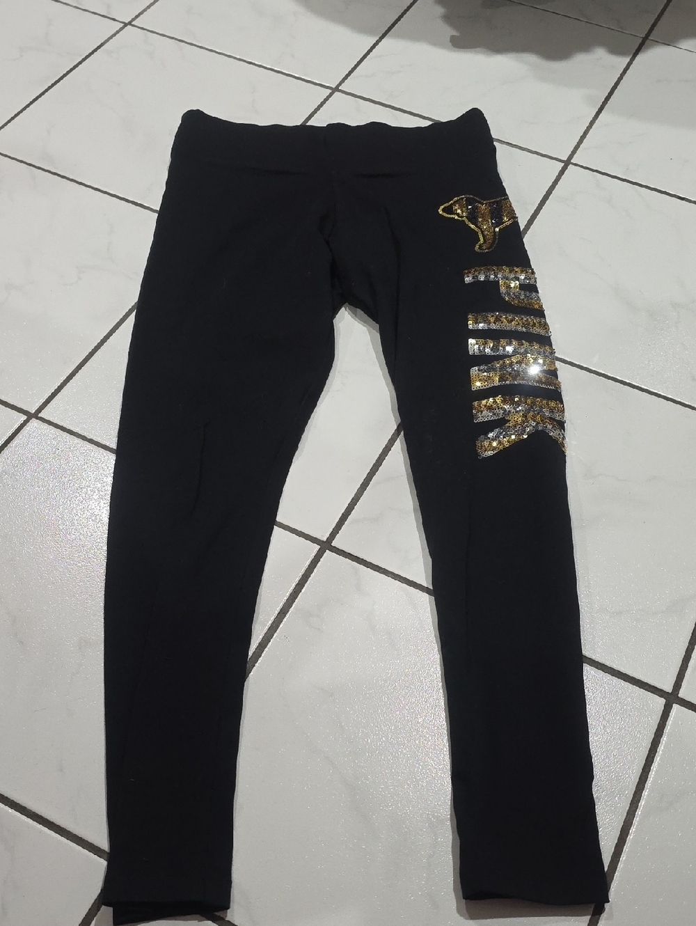 Victoria's Secret Black Leggings with Gold Sequin Logo